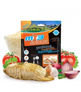 Arroz y pescado con tomate liofilizado