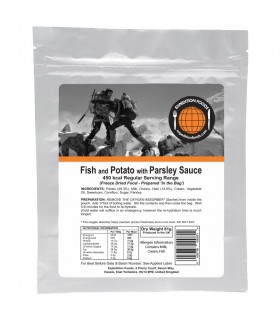 Pescado y patata con salsa de perejil liofilizado